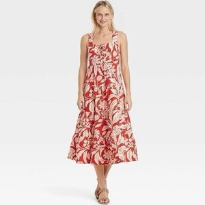 Who What Wear Womens Large Linen Lace Up Midi Tank Dress Red Orange White Floral